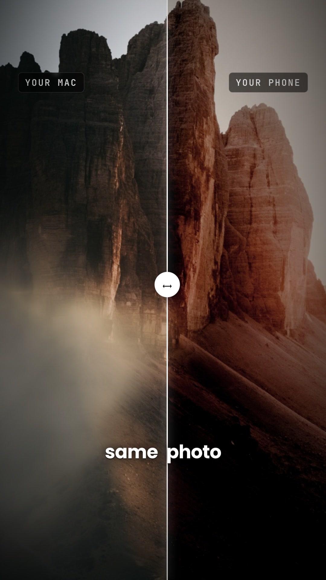 Split comparison of the same photo on a Mac and on a phone