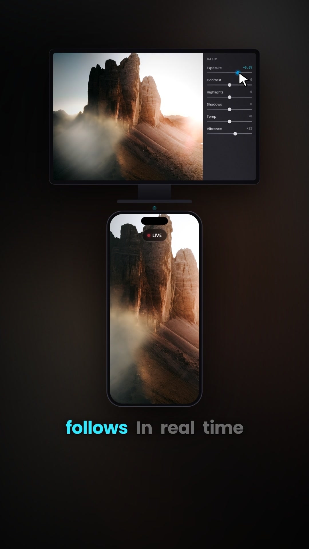 Lightroom on a Mac with an iPhone showing the same photo live