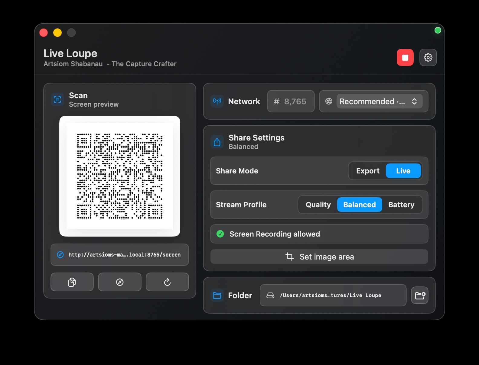 Live Loupe macOS app showing the QR code and share settings